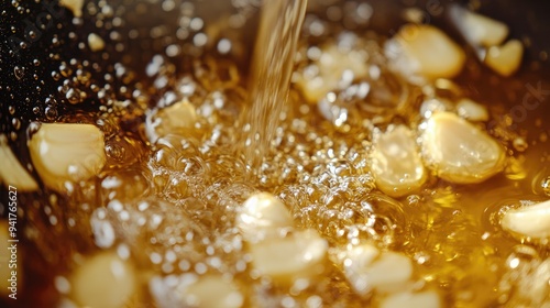 A macro shot of a cooking process, such as saut ing garlic in olive oil, with golden-brown garlic pieces and bubbles forming in the oil. photo