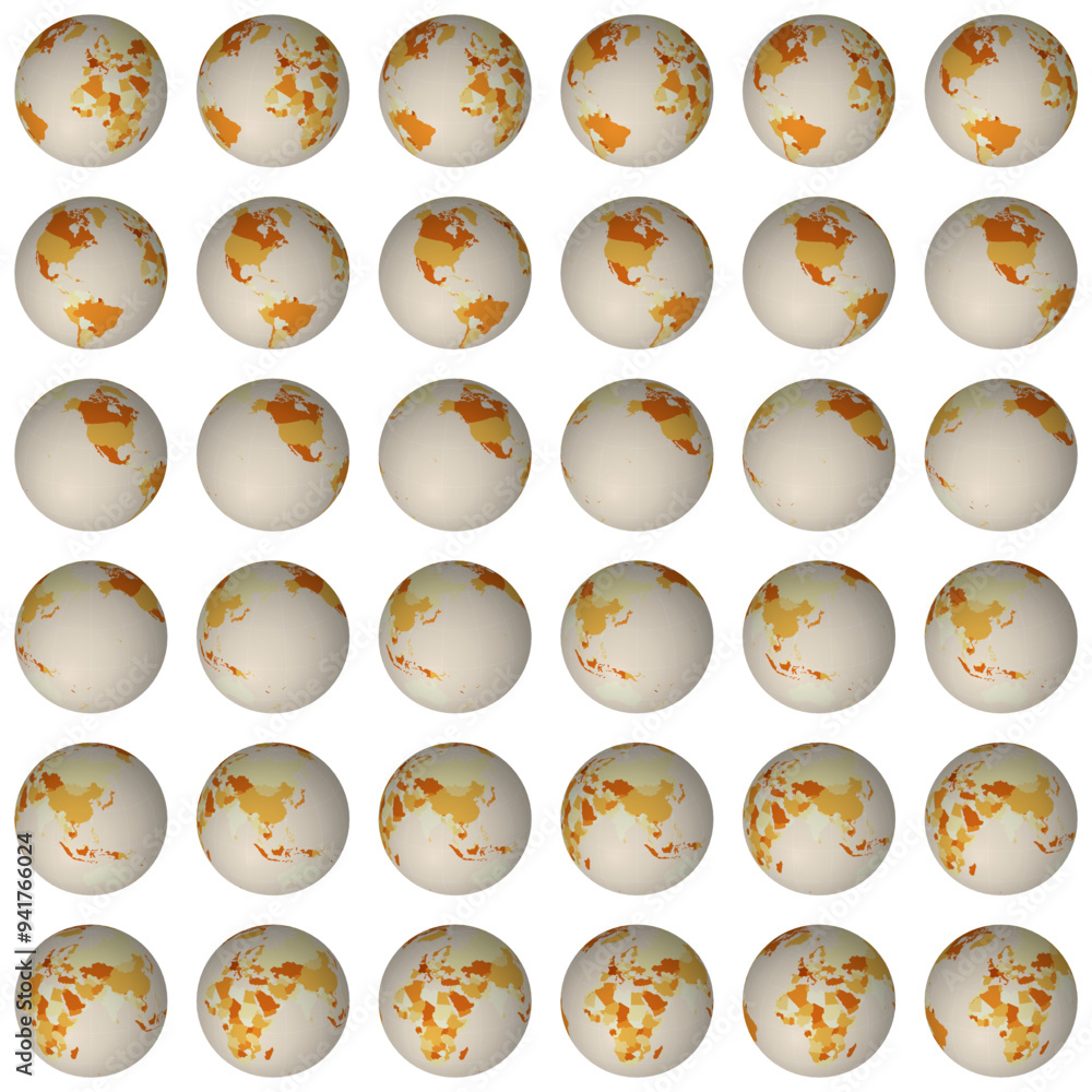 Collection of planet globes. Slanted sphere view. Rotation step 10 degrees. Colored countries style. World map with graticule lines on luminous background. Outstanding vector illustration. Collection of planet globes. Slanted sphere view. Rotation step 10 degrees. Colored countries style. World map with graticule lines on luminous background. Outstanding vector illustration.