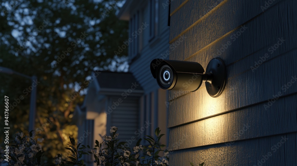 Security camera attached to the corner of a house in the evening, casting a faint glow as it monitors the surrounding area in a 3D-rendered suburban environment. Security camera attached to the corner of a house in the evening, casting a faint glow as it monitors the surrounding area in a 3D-rendered suburban environment.