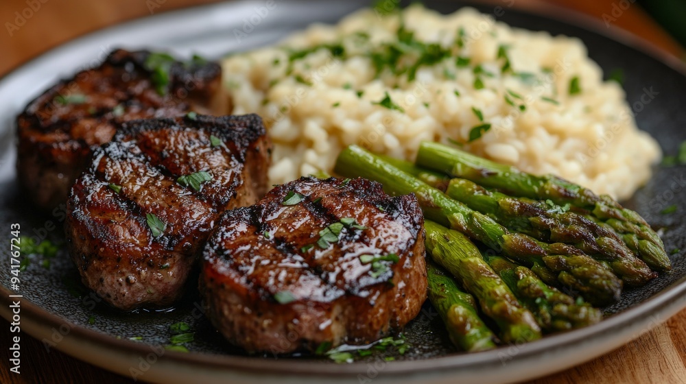 A plate of lamb chops and risotto with asparagus. The asparagus is tender and slightly charred A plate of lamb chops and risotto with asparagus. The asparagus is tender and slightly charred