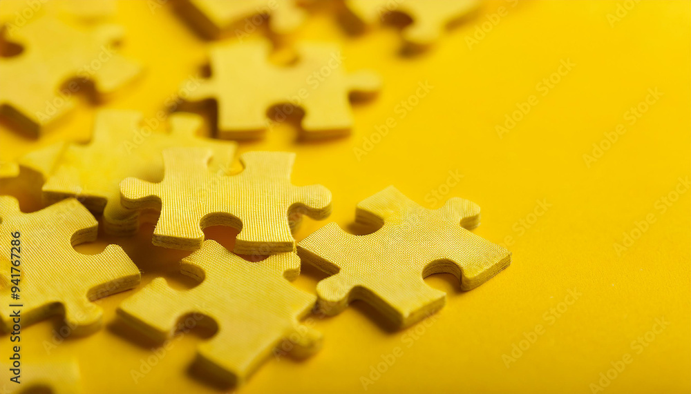 Fototapeta premium Group of yellow puzzle jigsaw pieces. Business, connection and interaction