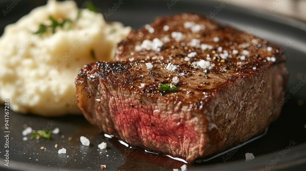 A macro shot of a steak with a crispy crust and a tender, juicy interior, served with a side of mashed potatoes and a sprinkle of sea salt. A macro shot of a steak with a crispy crust and a tender, juicy interior, served with a side of mashed potatoes and a sprinkle of sea salt.