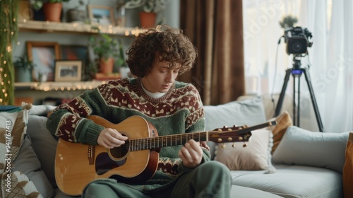 The young man playing guitar