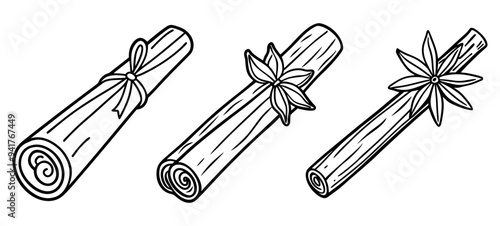Cinnamon sticks set. Cinnamon sticks and star anise, isolated on white background. Vector illustration