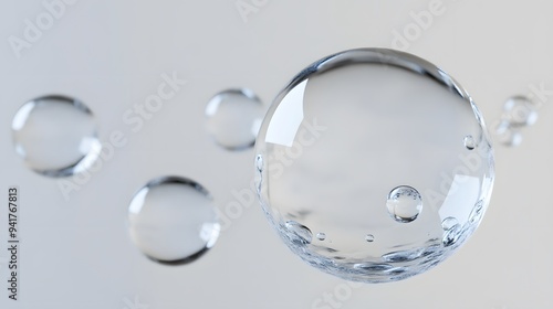 Wallpaper Mural CG Floating Water Droplets: CG-rendered water droplets suspended in mid-air, perfectly round and transparent against a white background.
 Torontodigital.ca