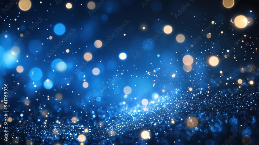 Blue holiday background with magical swirling lights and sparkles floating through the scene, evoking a joyful winter wonderland. Blue holiday background with magical swirling lights and sparkles floating through the scene, evoking a joyful winter wonderland.