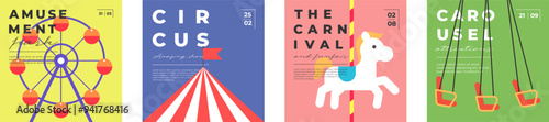 Amusement park festive minimal trendy square banner set. Ferris wheel and circus flyer. Carnival funfair carousel greeting card creative design. Fun fair festival simple flat modern eps cover