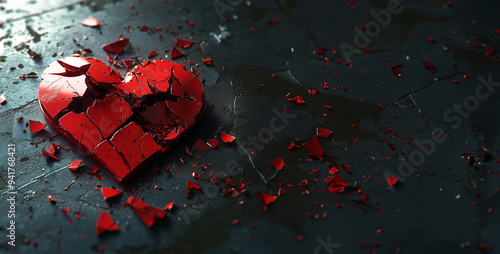 Shattered red heart on dark background with room for text 