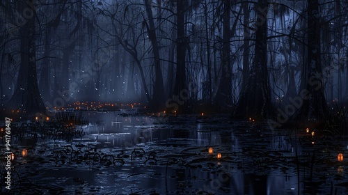 Dark and eerie swamp with ghostly lights photo