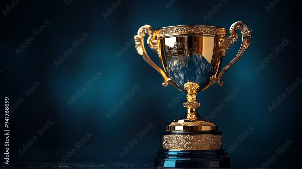 A gold trophy is sitting on a black base A gold trophy is sitting on a black base