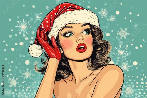 Retro pop art Christmas pin-up girl wearing Santa hat with snowflakes in background