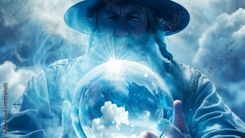 Elderly oracular wizard with long beard holding glowing crystal ball among mystical clouds and blue light. Concepts of magic, mysticism, wizardry, and supernatural abilities.
