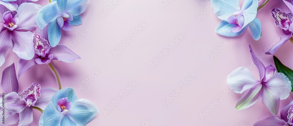 Elegant arrangement of purple orchids on a soft pink background, perfect for invitations, greeting cards, and spring themes. Elegant arrangement of purple orchids on a soft pink background, perfect for invitations, greeting cards, and spring themes.