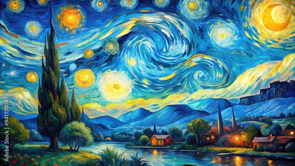 Impressionist Starlit Landscape: Soft, atmospheric, pastel, blue, yellow Impressionist Starlit Landscape: Soft, atmospheric, pastel, blue, yellow