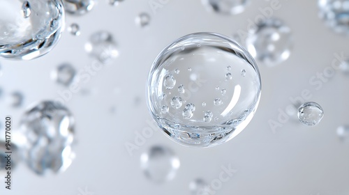 Wallpaper Mural CG Floating Water Droplets: CG-rendered water droplets suspended in mid-air, perfectly round and transparent against a white background.
 Torontodigital.ca