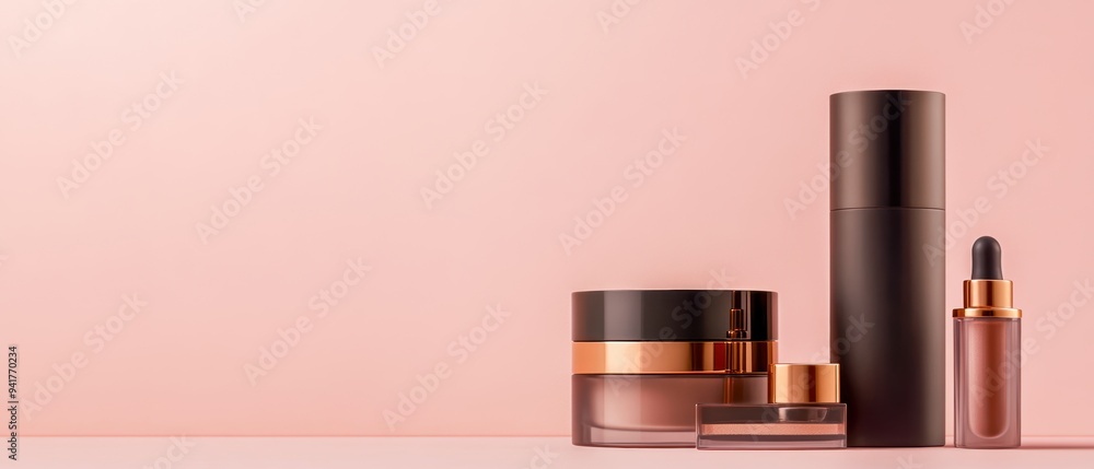 Elegant collection of cosmetic products against a soft pink background, perfect for beauty and skincare marketing. Elegant collection of cosmetic products against a soft pink background, perfect for beauty and skincare marketing.