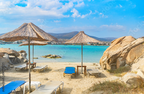 Fototapeta Naklejka Na Ścianę i Meble -  Romantic beach with rocks at greek island, Paros Greece at summer
