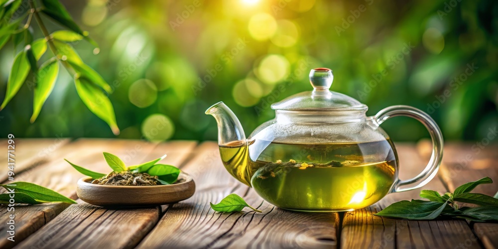 A Glass Teapot Filled with Green Tea on a Wooden Table with Leaves, tea, teapot, herbal tea, healthy beverage A Glass Teapot Filled with Green Tea on a Wooden Table with Leaves, tea, teapot, herbal tea, healthy beverage