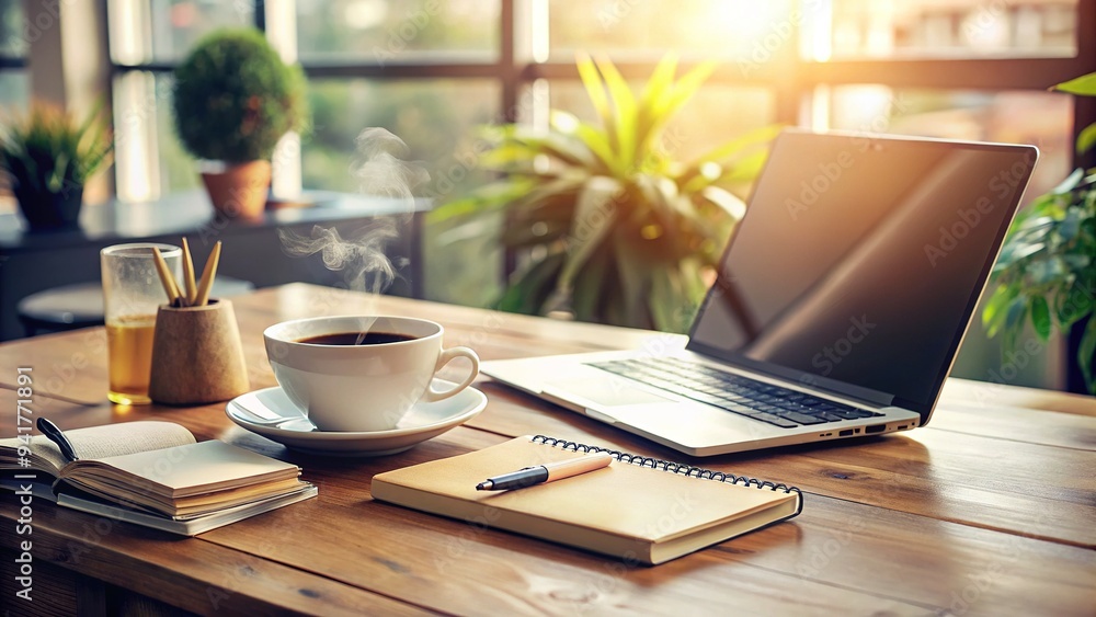 A modern laptop lies open on a sleek wooden desk, surrounded by scattered papers, pens, and a steam-filled coffee cup, amidst a busy morning workflow. A modern laptop lies open on a sleek wooden desk, surrounded by scattered papers, pens, and a steam-filled coffee cup, amidst a busy morning workflow.