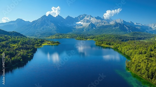 aerial view of the water surface from above the liptovsk mar water reservoir on the serene nature landscape with the high tatras mountains in the distance.illustration photo