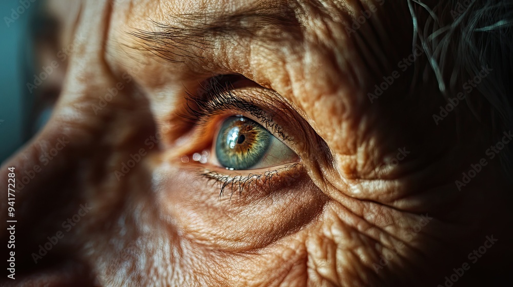 A macro shot of an elderly woman face, capturing the texture of her skin, the grace of her age, and the wisdom reflected in her eyes. A macro shot of an elderly woman face, capturing the texture of her skin, the grace of her age, and the wisdom reflected in her eyes.