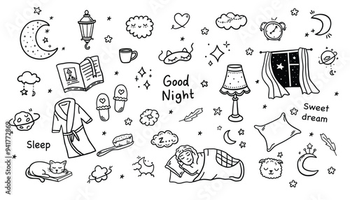 Sleep, relax time, dream night doodle set.  Hand drawn sketch style. Moon, cat, star, lamp element.  Vector illustration.