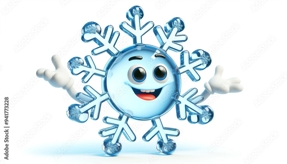 Funny icy snowflake cartoon on white background. Time to celebrate Christmas and winter Funny icy snowflake cartoon on white background. Time to celebrate Christmas and winter