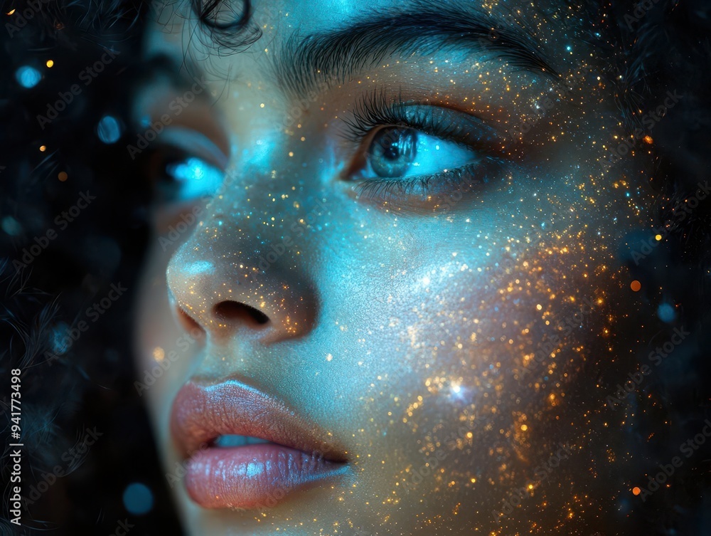 ethereal portrait of woman with luminous skin surrounded by swirling bioluminescent particles and soft diffused lighting ethereal portrait of woman with luminous skin surrounded by swirling bioluminescent particles and soft diffused lighting