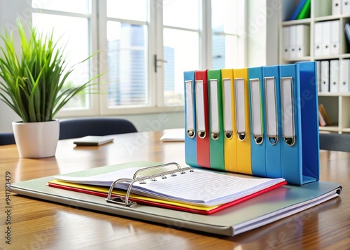 A neatly organized, three-ring binder filled with colorful, tabbed dividers and stacks of printed reports, sitting on a sleek, modern office desk surface.