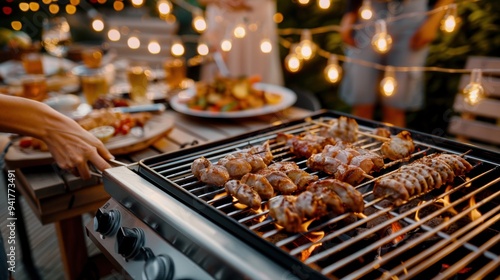 Enjoying a summer barbecue with grilled meat, delicious food, and warm lights creating a festive outdoor atmosphere.