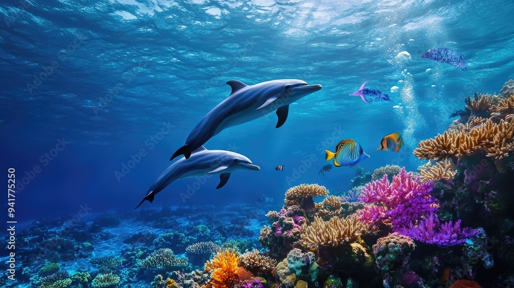 A peaceful scene of dolphins swimming near a coral reef, with vibrant marine life and colorful corals in the foreground. A peaceful scene of dolphins swimming near a coral reef, with vibrant marine life and colorful corals in the foreground.