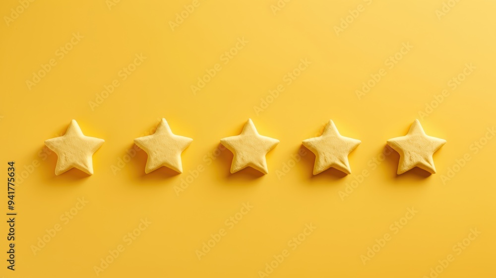 Obraz premium Five yellow stars arranged on a bright yellow background, symbolizing rating, excellence, and positivity.