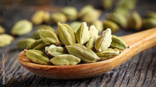 Wooden scoop of cardamom, elaichi 