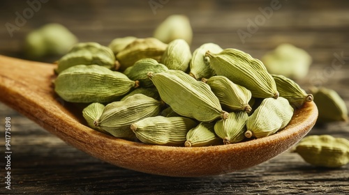 Wooden scoop of cardamom, elaichi 