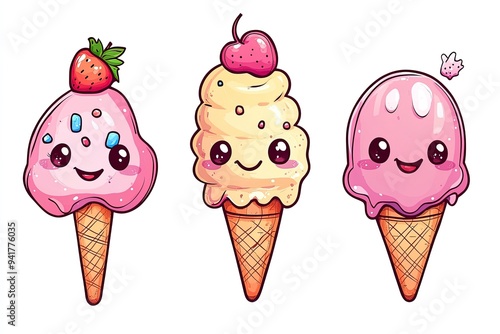 cute kawai cartoon ice cream for elements, clipart or sticker. Generative ai photo