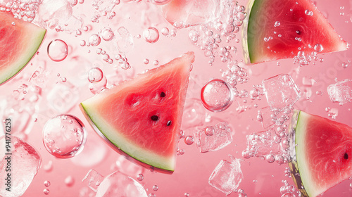 juicy watermelon in water with ice and bubbles