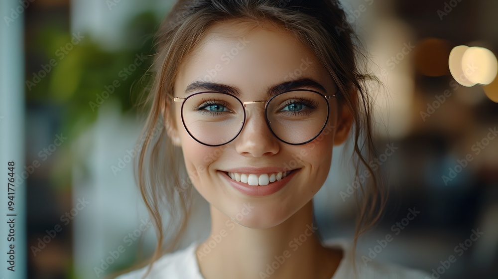 Smiling young woman with glasses showcasing a warm and inviting demeanor. Smiling young woman with glasses showcasing a warm and inviting demeanor.