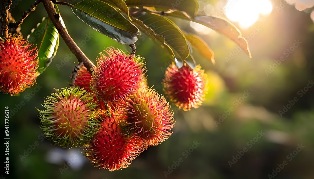 Firefly fresh rambutan fruit on the tree in the tropical garden; selective focus Firefly fresh rambutan fruit on the tree in the tropical garden; selective focus