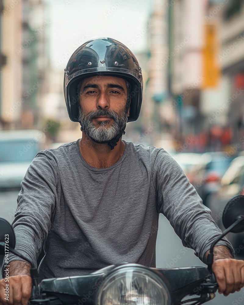 Man on motorbike wearing helmet and plain gray long-sleeved t-shirt. Motorcycle courier, delivery Man on motorbike wearing helmet and plain gray long-sleeved t-shirt. Motorcycle courier, delivery