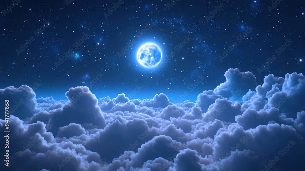 Realistic rendering of a night sky filled with puffy clouds illuminated by the soft light of a full moon. Stars sparkle in the distance. Realistic rendering of a night sky filled with puffy clouds illuminated by the soft light of a full moon. Stars sparkle in the distance.