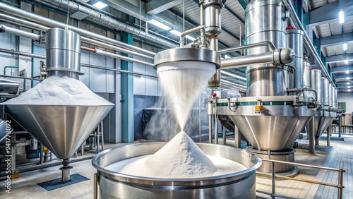 Industrial machinery pours fine white powder into a large mixing bin, surrounded by stainless steel equipment and pipes in a modern manufacturing facility. photo