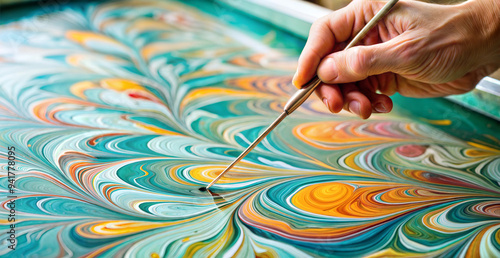 Ebru Water Painting Technique, Man Holding Brush, Artistic Creation