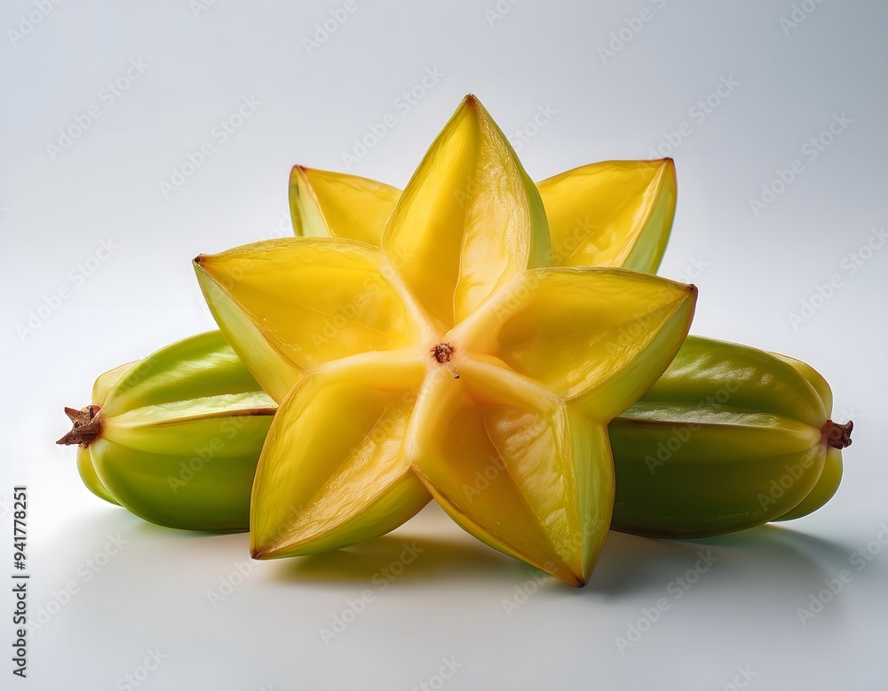 Starfruit (carambola) slices arranged in a neat row on a clean white background Starfruit (carambola) slices arranged in a neat row on a clean white background