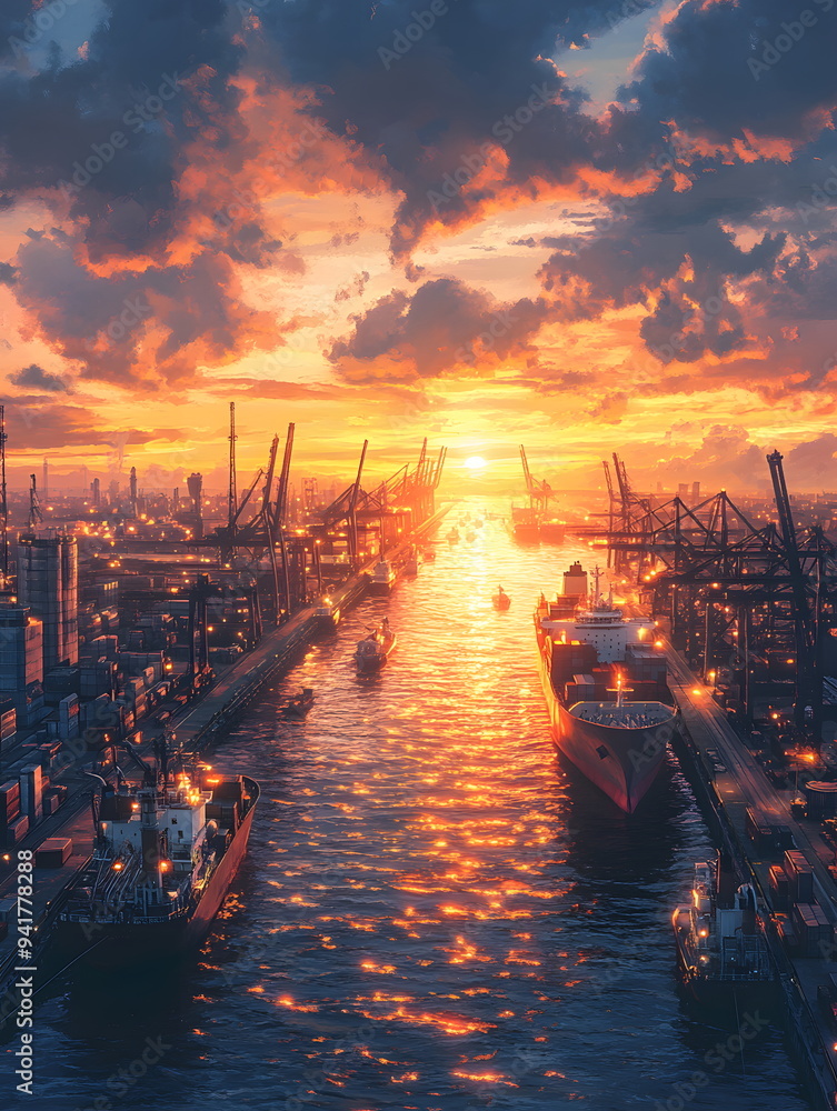 A bustling industrial port at sunset, with large cargo ships docked, cranes unloading containers, and workers in high-visibility vests handling logistics. Ideal for jobs related to transportation. A bustling industrial port at sunset, with large cargo ships docked, cranes unloading containers, and workers in high-visibility vests handling logistics. Ideal for jobs related to transportation.