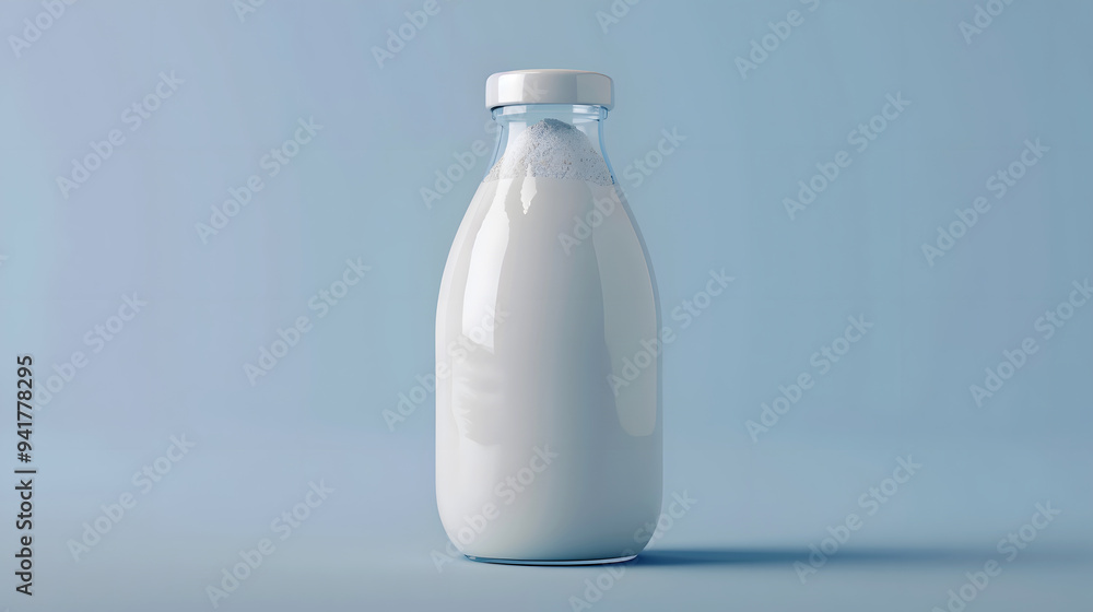 Food Photography: Clean White Plastic or Glass Bottle of Natural Powder Milk Front View on Light Blue Background. Milk Bottle Mockup Food Photography: Clean White Plastic or Glass Bottle of Natural Powder Milk Front View on Light Blue Background. Milk Bottle Mockup