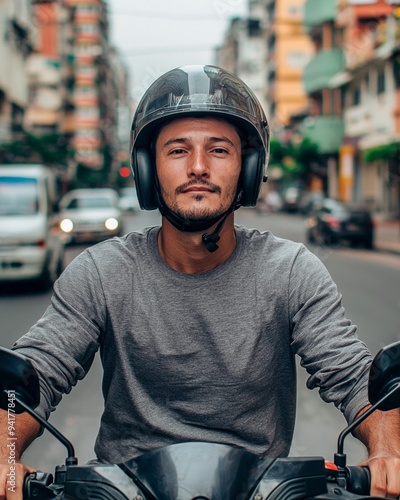 Man on motorbike wearing helmet and plain gray long-sleeved t-shirt. Motorcycle courier, delivery photo