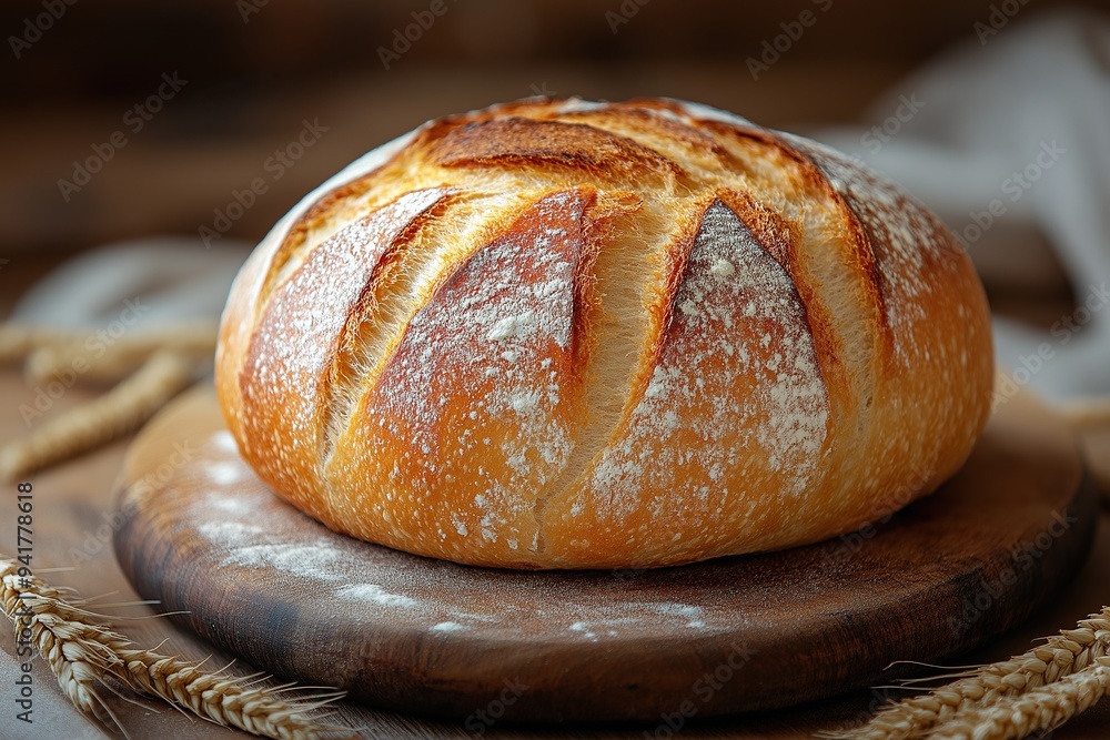 Freshly Baked Round Artisan Bread with Crispy Crust on Wooden Cutting Board Freshly Baked Round Artisan Bread with Crispy Crust on Wooden Cutting Board