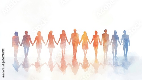 Watercolor illustration of people holding hands, a diverse group of businesspeople standing in a row and looking towards the future together,