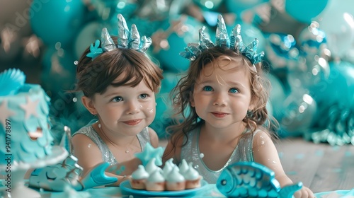 Underwater Themed Birthday Party with Mermaid Costume Kids and Ocean photo