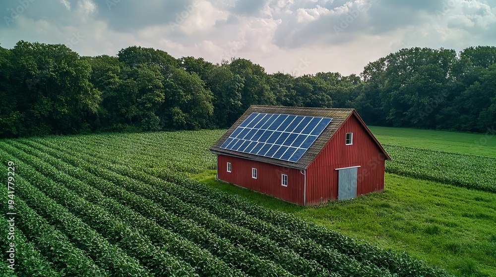 Red barn with solar panels on a green farm field Red barn with solar panels on a green farm field
